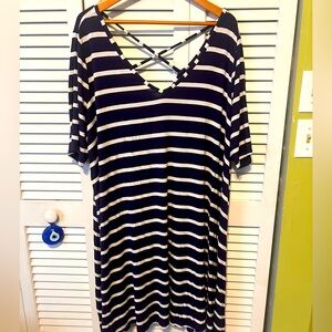 Lane Bryant Navy & White Stripe Criss Cross Back Knit Dress Plus